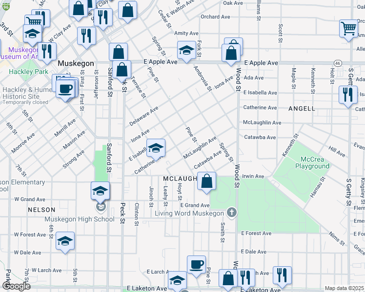 map of restaurants, bars, coffee shops, grocery stores, and more near 199 Catherine Avenue in Muskegon