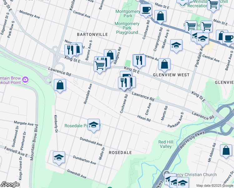 map of restaurants, bars, coffee shops, grocery stores, and more near 42 Samuel Road in Hamilton