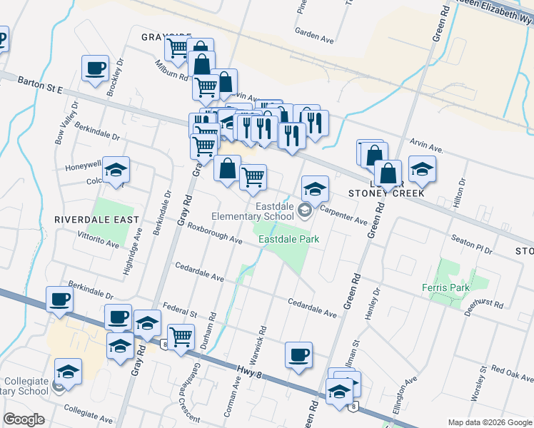 map of restaurants, bars, coffee shops, grocery stores, and more near 264 Celtic Drive in Hamilton