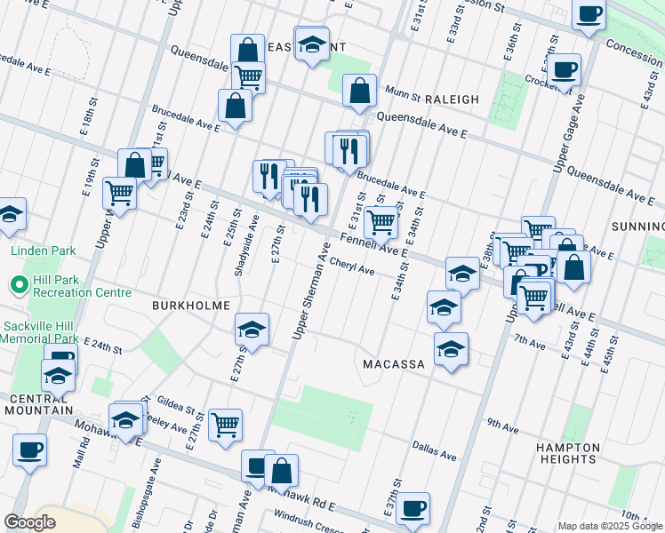 map of restaurants, bars, coffee shops, grocery stores, and more near 14 Cheryl Avenue in Hamilton