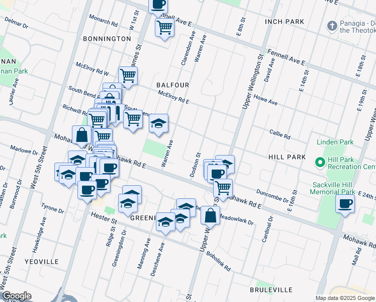 map of restaurants, bars, coffee shops, grocery stores, and more near 99 Dana Drive in Hamilton