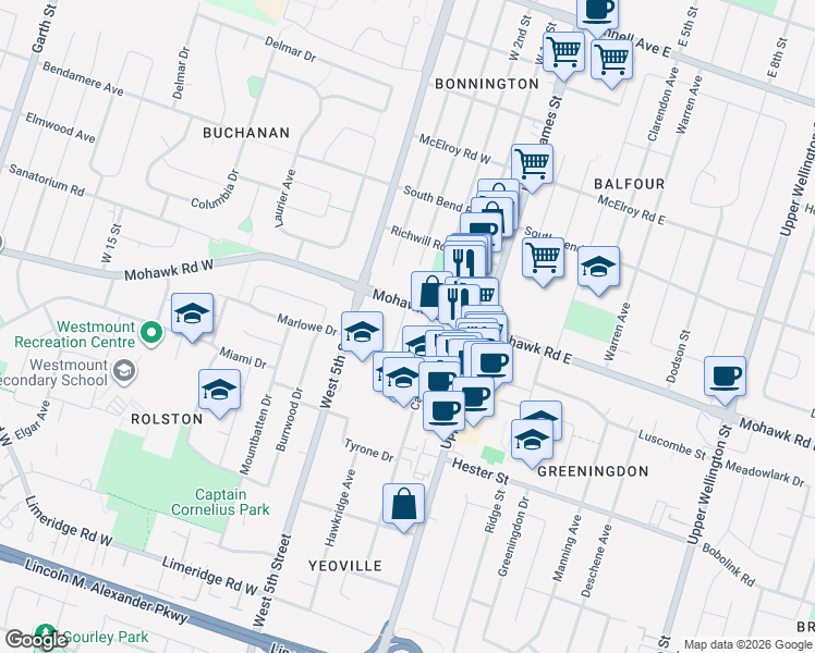 map of restaurants, bars, coffee shops, grocery stores, and more near 15 Athens Street in Hamilton