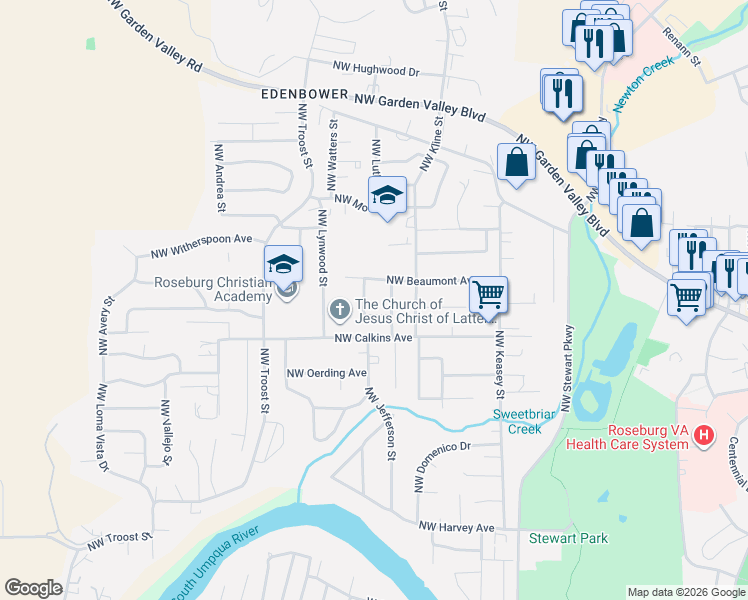 map of restaurants, bars, coffee shops, grocery stores, and more near 1794 Northwest Apache Drive in Roseburg