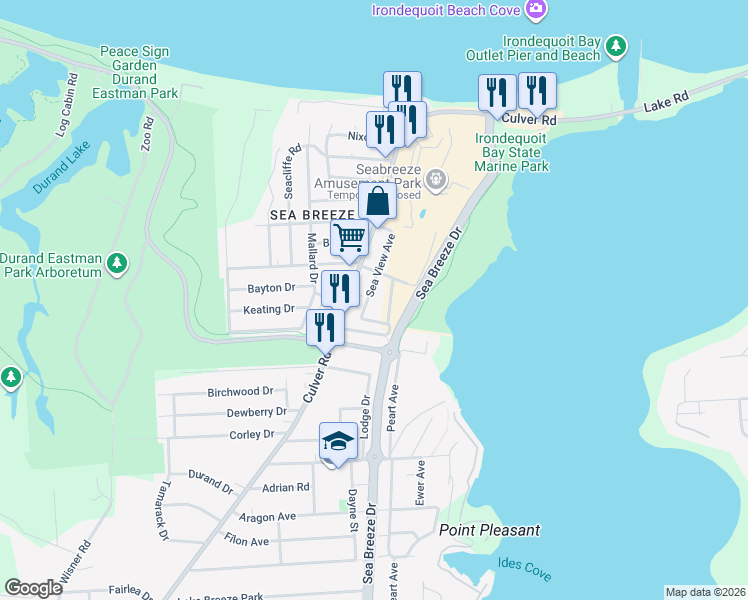 map of restaurants, bars, coffee shops, grocery stores, and more near 12 Sea View Avenue in Irondequoit