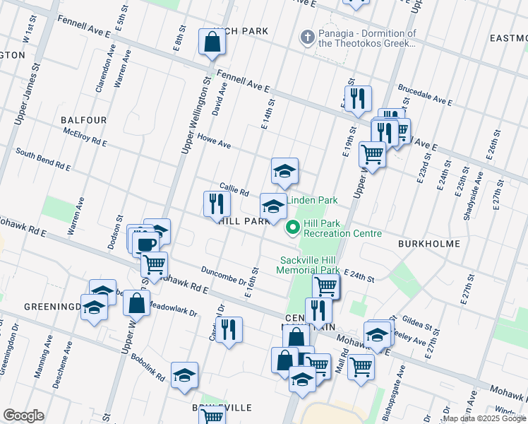 map of restaurants, bars, coffee shops, grocery stores, and more near 465 East 16th Street in Hamilton