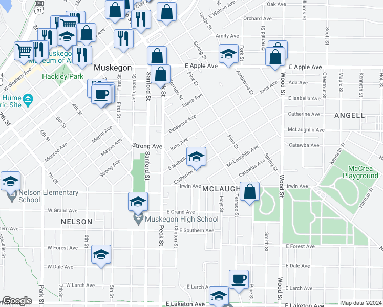 map of restaurants, bars, coffee shops, grocery stores, and more near 1299 Ransom Street in Muskegon