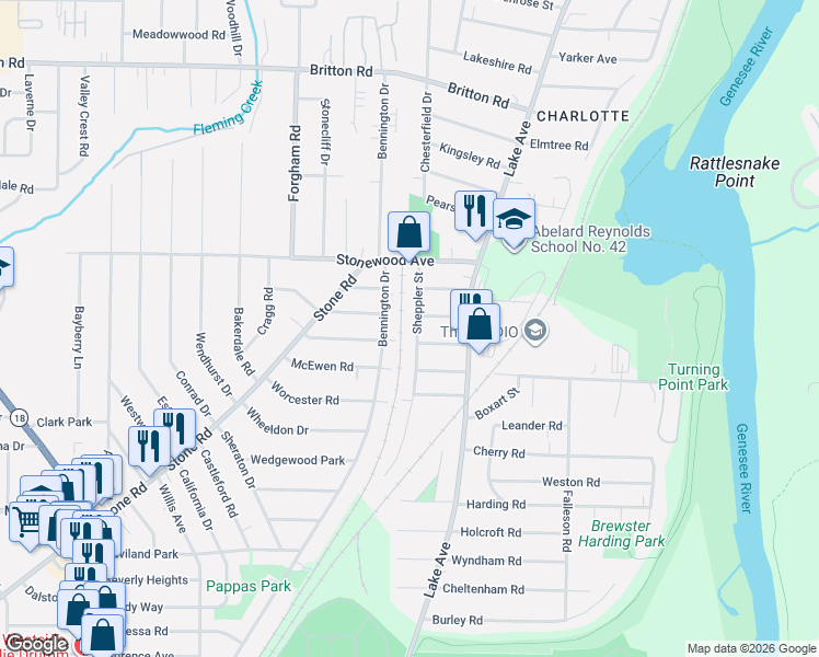 map of restaurants, bars, coffee shops, grocery stores, and more near 123 West Parkway in Rochester