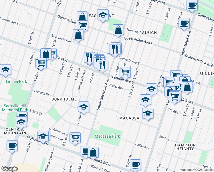 map of restaurants, bars, coffee shops, grocery stores, and more near 2 Cheryl Avenue in Hamilton