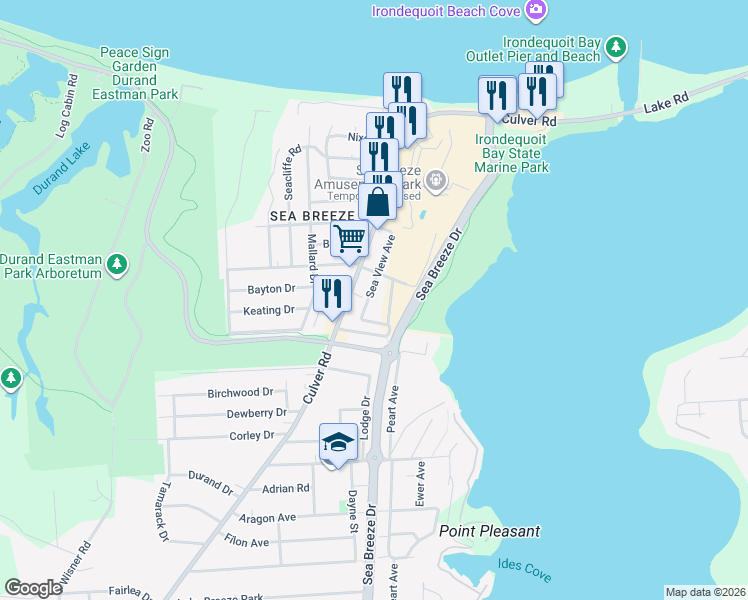 map of restaurants, bars, coffee shops, grocery stores, and more near 12 Sea View Avenue in Irondequoit