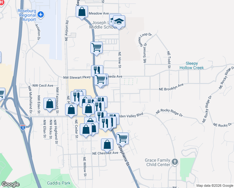 map of restaurants, bars, coffee shops, grocery stores, and more near 1562 Northeast Vine Street in Roseburg