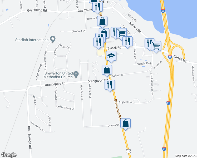 map of restaurants, bars, coffee shops, grocery stores, and more near 5463 Orangeport Road in Brewerton