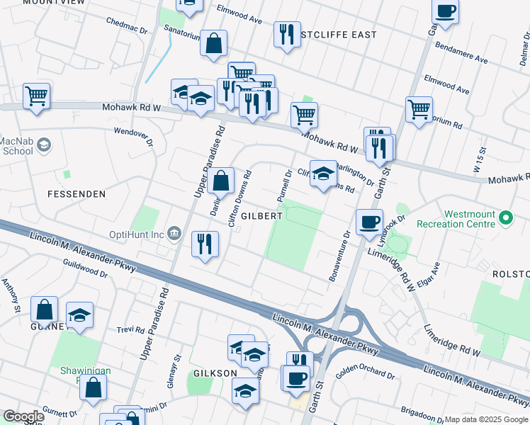 map of restaurants, bars, coffee shops, grocery stores, and more near 77 Purnell Drive in Hamilton