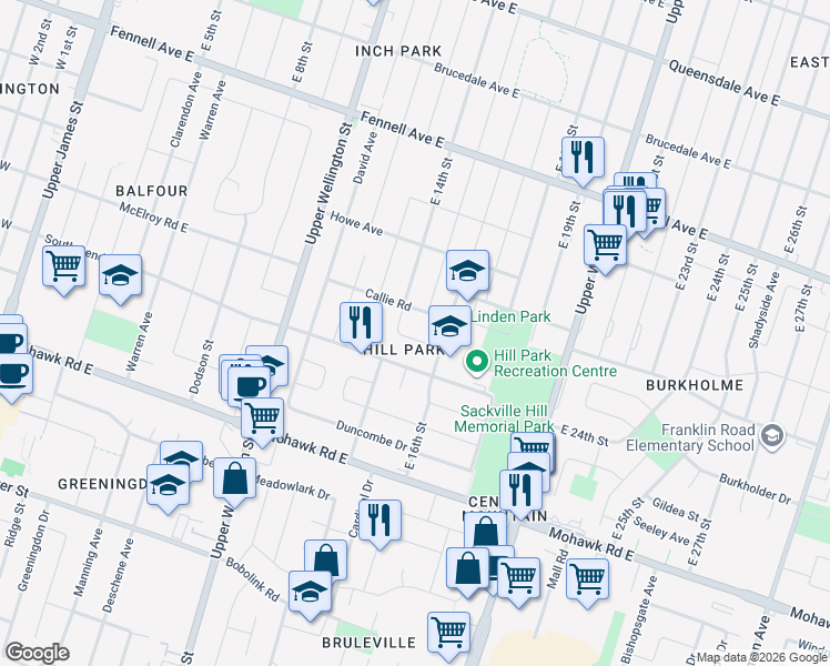 map of restaurants, bars, coffee shops, grocery stores, and more near 33 Alderney Avenue in Hamilton