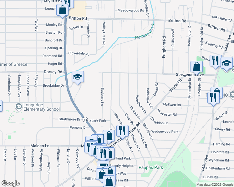 map of restaurants, bars, coffee shops, grocery stores, and more near 166 Estall Road in Rochester