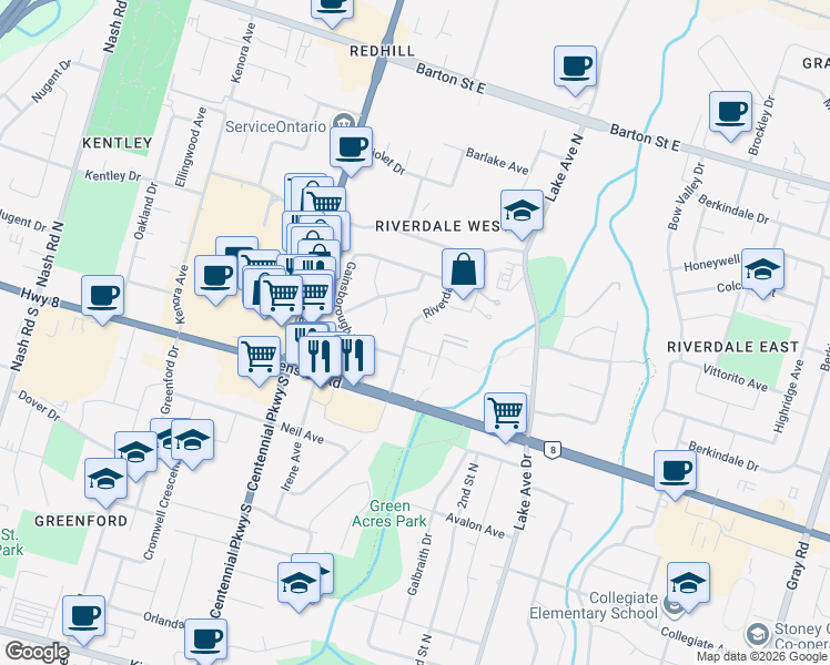 map of restaurants, bars, coffee shops, grocery stores, and more near 48 Riverdale Drive in Hamilton