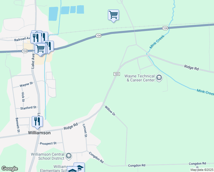 map of restaurants, bars, coffee shops, grocery stores, and more near 4325 County Road 103 in Williamson