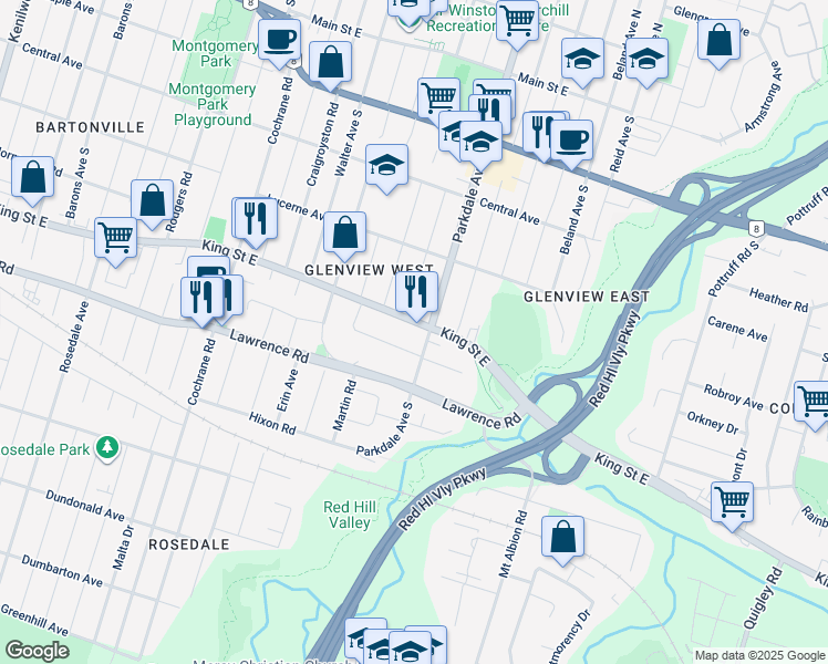 map of restaurants, bars, coffee shops, grocery stores, and more near in Hamilton
