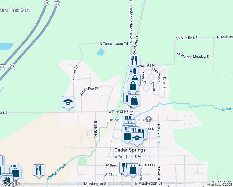 map of restaurants, bars, coffee shops, grocery stores, and more near 116 Junco Court Private in Cedar Springs