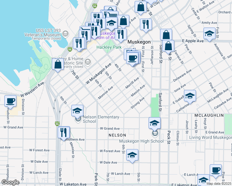 map of restaurants, bars, coffee shops, grocery stores, and more near 321 Merrill Avenue in Muskegon