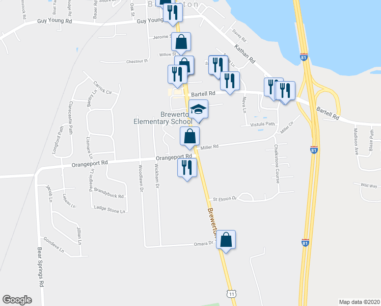 map of restaurants, bars, coffee shops, grocery stores, and more near 9517 Brewerton Road in Brewerton