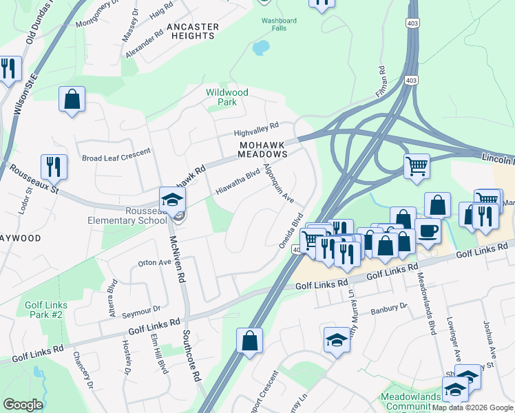 map of restaurants, bars, coffee shops, grocery stores, and more near 608 Iroquois Avenue in Hamilton