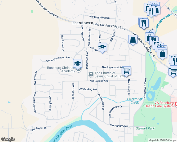 map of restaurants, bars, coffee shops, grocery stores, and more near 1689 Northwest Lynwood Street in Roseburg
