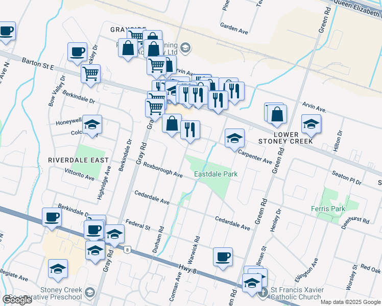 map of restaurants, bars, coffee shops, grocery stores, and more near 256 Celtic Drive in Hamilton