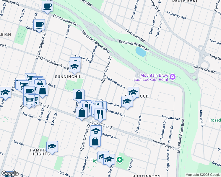 map of restaurants, bars, coffee shops, grocery stores, and more near 17 Sherwood Rise in Hamilton