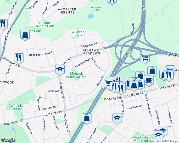 map of restaurants, bars, coffee shops, grocery stores, and more near 608 Iroquois Avenue in Hamilton