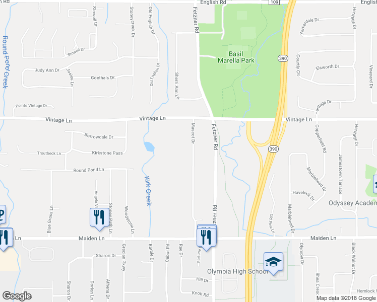 map of restaurants, bars, coffee shops, grocery stores, and more near 223 Mascot Drive in Rochester