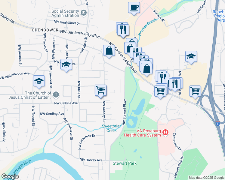 map of restaurants, bars, coffee shops, grocery stores, and more near 1409 Northwest Ulrich Court in Roseburg