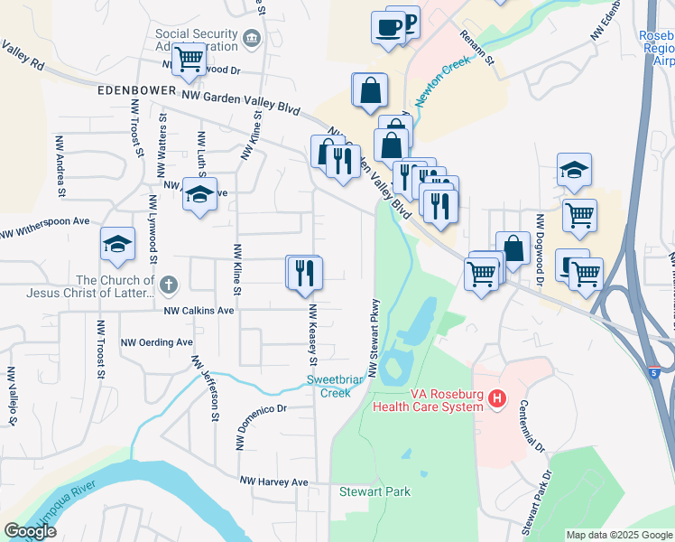 map of restaurants, bars, coffee shops, grocery stores, and more near 1409 Northwest Ulrich Court in Roseburg