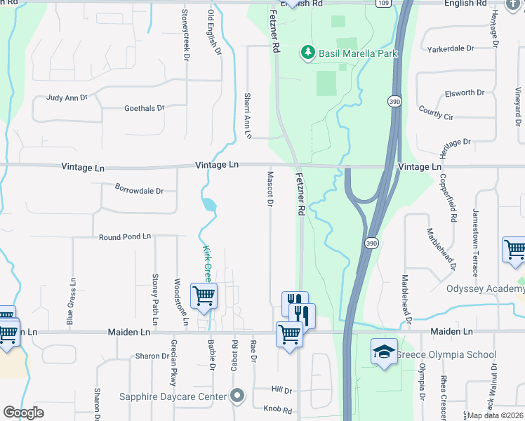 map of restaurants, bars, coffee shops, grocery stores, and more near 201 Mascot Drive in Greece