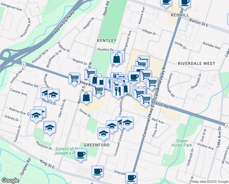 map of restaurants, bars, coffee shops, grocery stores, and more near 19 Clapham Road in Hamilton