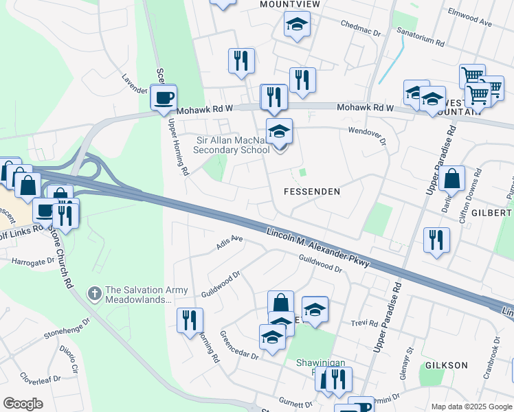 map of restaurants, bars, coffee shops, grocery stores, and more near 250 Magnolia Drive in Hamilton