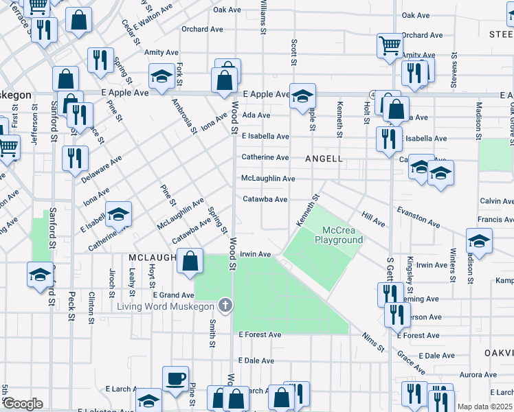 map of restaurants, bars, coffee shops, grocery stores, and more near 1308 Williams Street in Muskegon