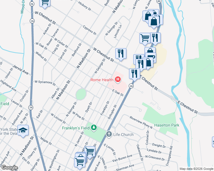 map of restaurants, bars, coffee shops, grocery stores, and more near 1511 North James Street in Rome