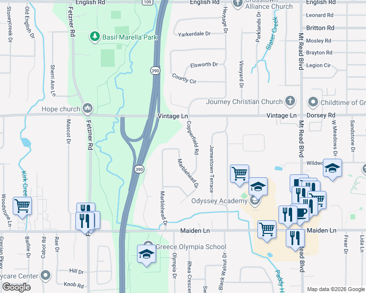 map of restaurants, bars, coffee shops, grocery stores, and more near 330 Marblehead Drive in Rochester