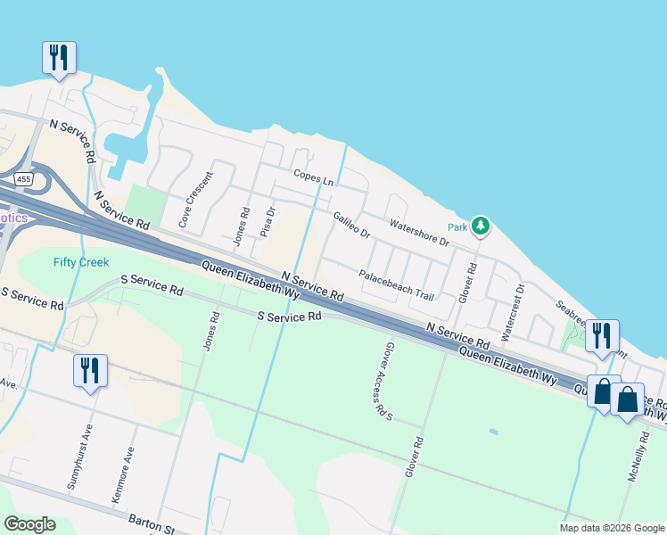 map of restaurants, bars, coffee shops, grocery stores, and more near 18 Palacebeach Trail in Hamilton