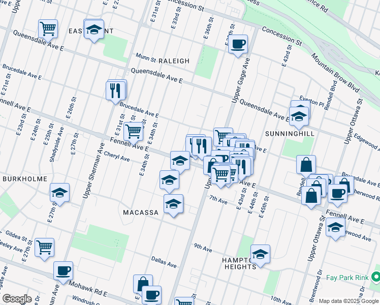 map of restaurants, bars, coffee shops, grocery stores, and more near 282 East 38th Street in Hamilton