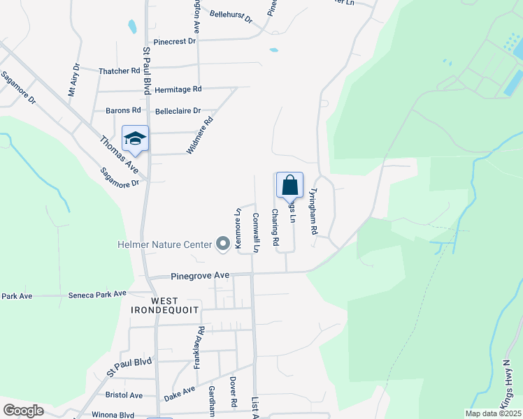 map of restaurants, bars, coffee shops, grocery stores, and more near 107 Charing Road in Rochester
