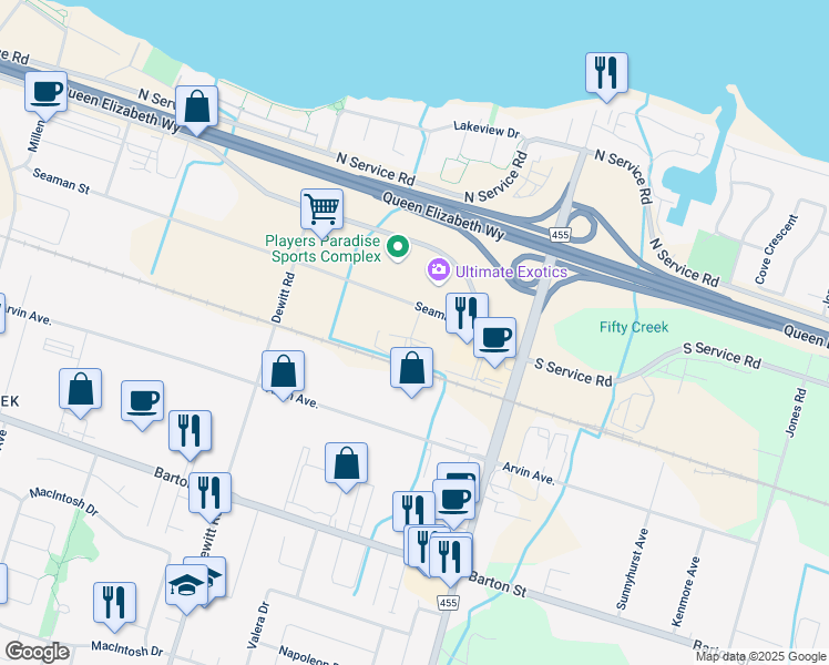 map of restaurants, bars, coffee shops, grocery stores, and more near 11 Commerce Court in Hamilton