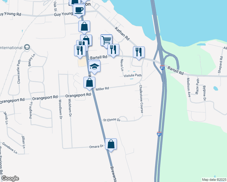 map of restaurants, bars, coffee shops, grocery stores, and more near 5490 Miller Road in Brewerton