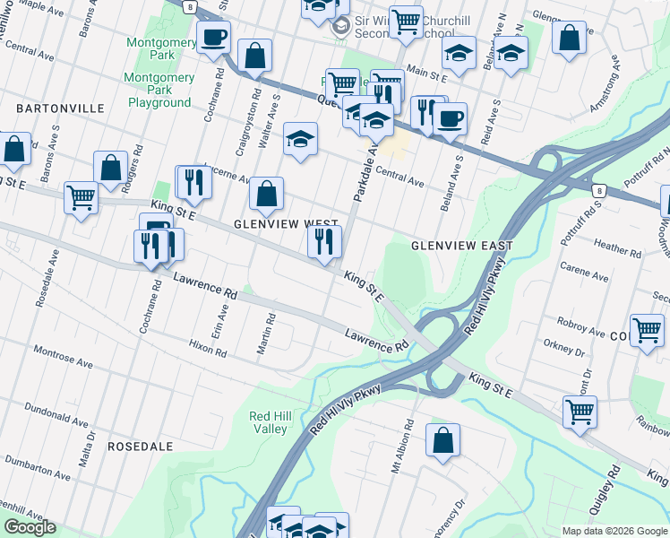 map of restaurants, bars, coffee shops, grocery stores, and more near in Hamilton