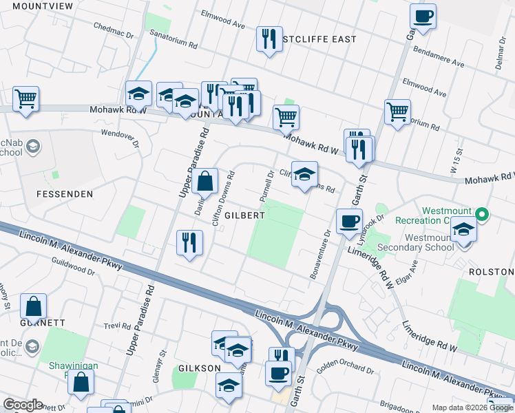 map of restaurants, bars, coffee shops, grocery stores, and more near 200 Bonaventure Drive in Hamilton