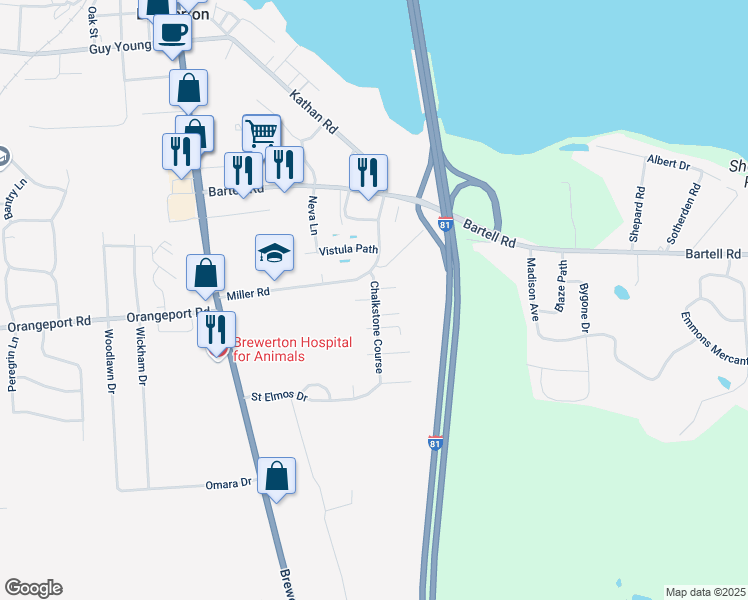map of restaurants, bars, coffee shops, grocery stores, and more near 9455 Chalkstone Course in Brewerton
