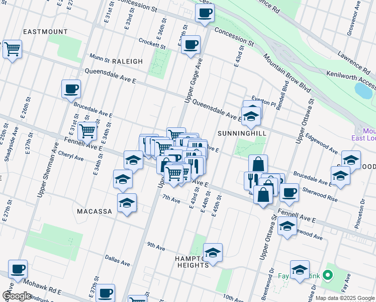 map of restaurants, bars, coffee shops, grocery stores, and more near in Hamilton