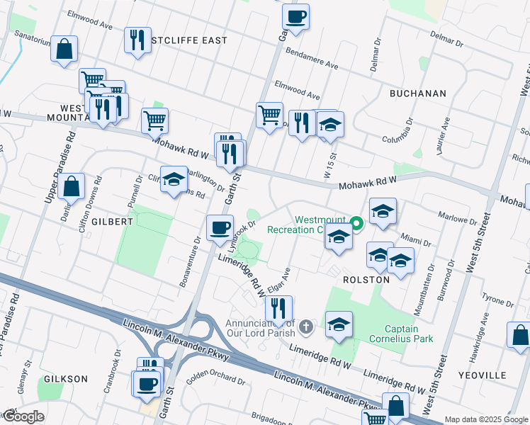 map of restaurants, bars, coffee shops, grocery stores, and more near 51 Kings Mead Court in Hamilton