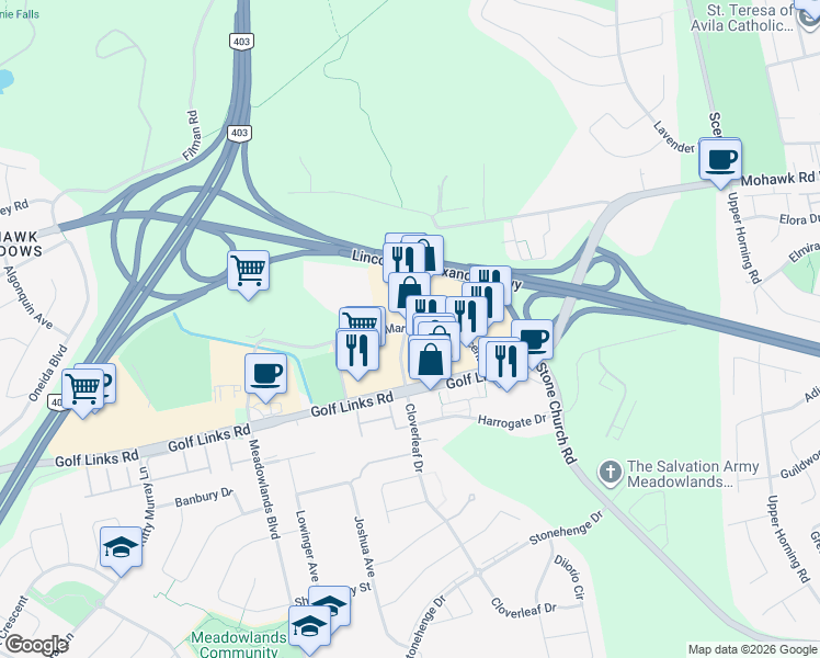map of restaurants, bars, coffee shops, grocery stores, and more near 1001 Golf Links Road in Hamilton