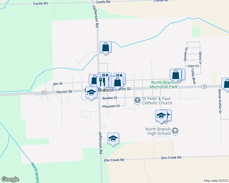 map of restaurants, bars, coffee shops, grocery stores, and more near 4110 Banker Street in North Branch